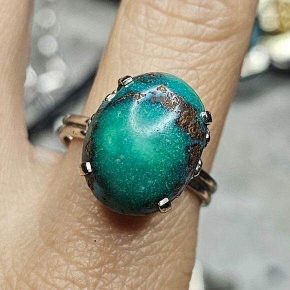 Vintage 14K White Gold Natural Turquoise Solitaire Ring Size 9.25 - Picture 3 of 5